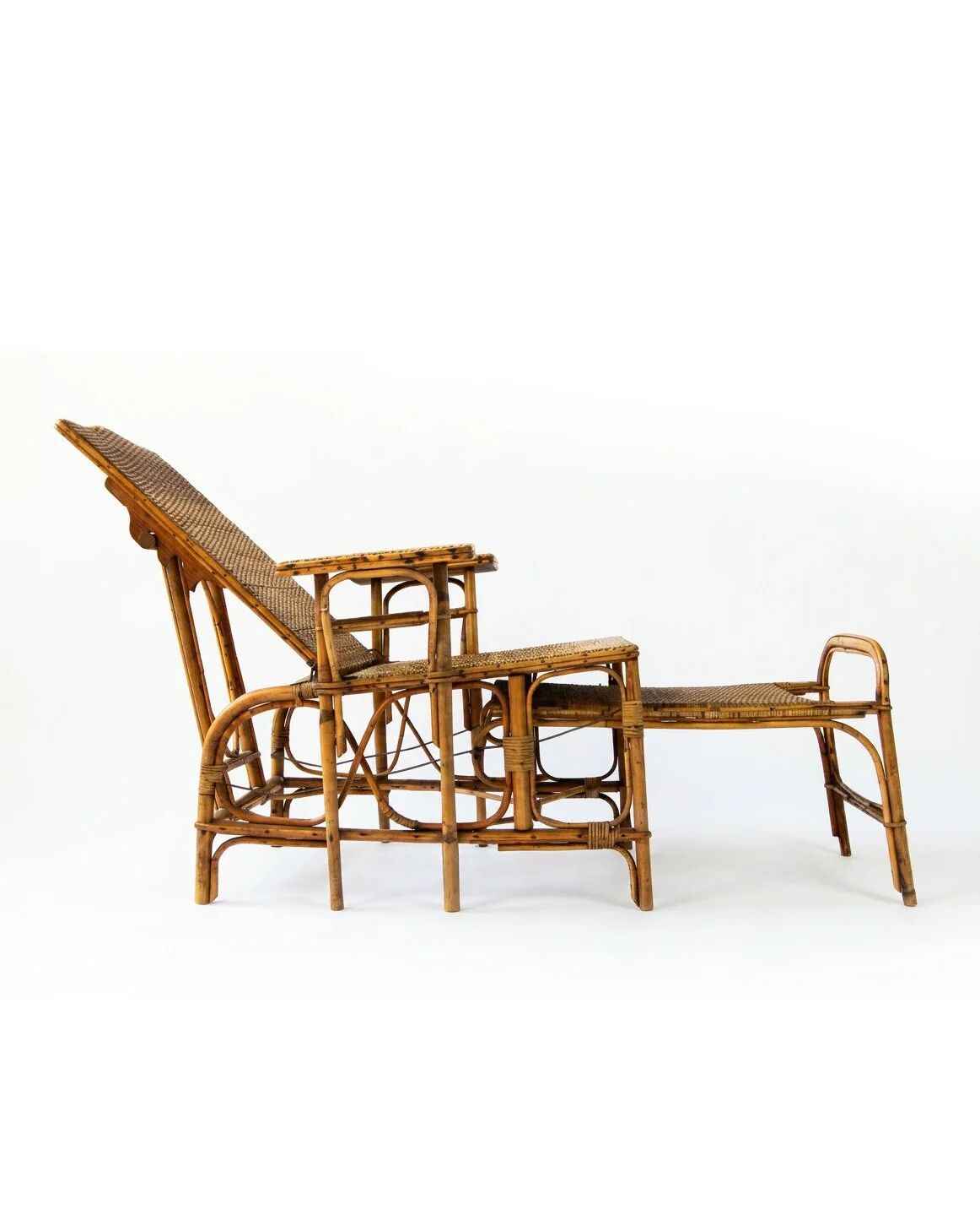 Vintage reclining armchair in rattan and bamboo, French Riviera, year