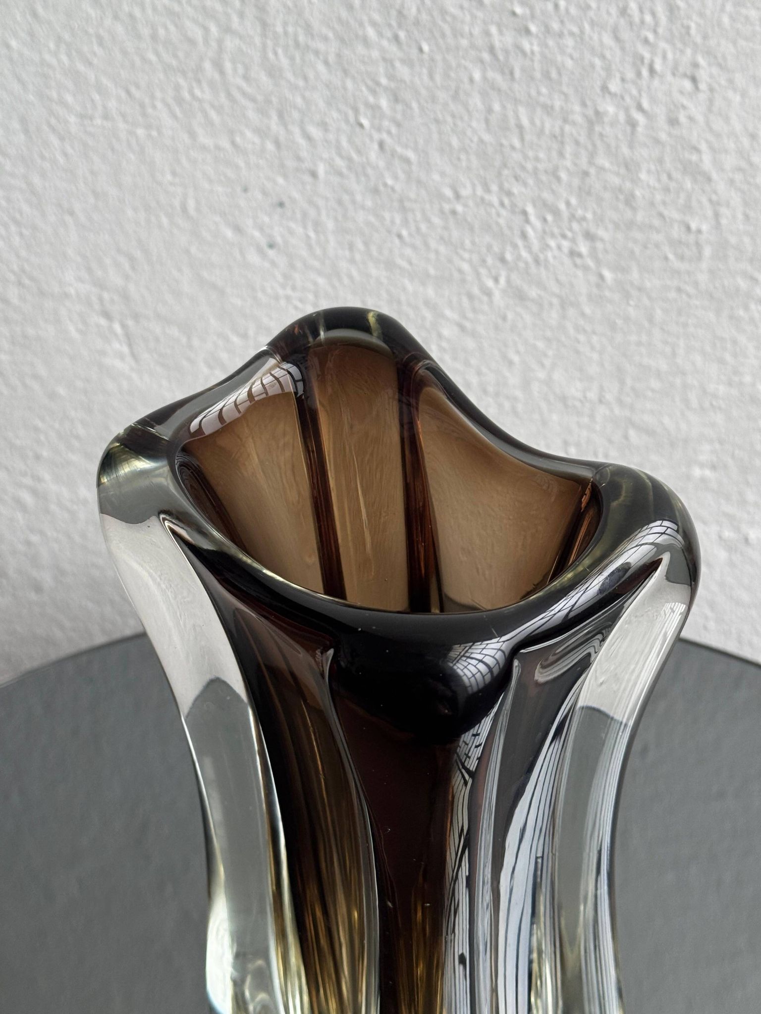 Vintage Murano-Style Art Glass Sommerso Handkerchief Vase, Amber & Clear