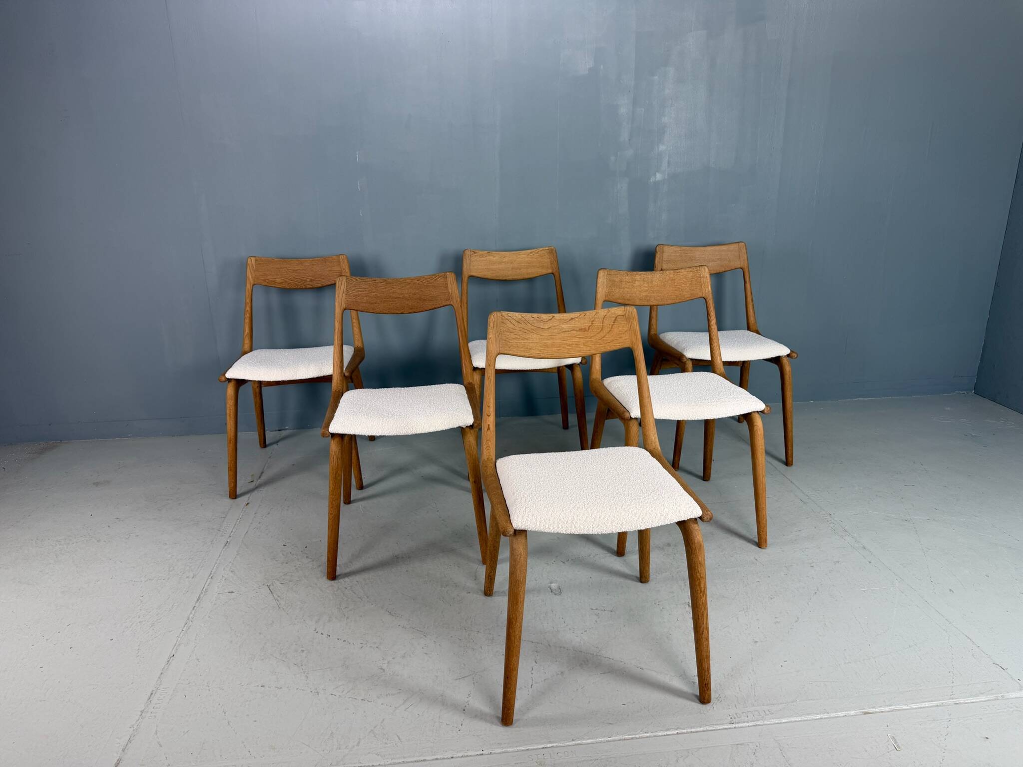 Alfred Christensen Danish oak "Boomerang" chairs set of 6 boucle fabric