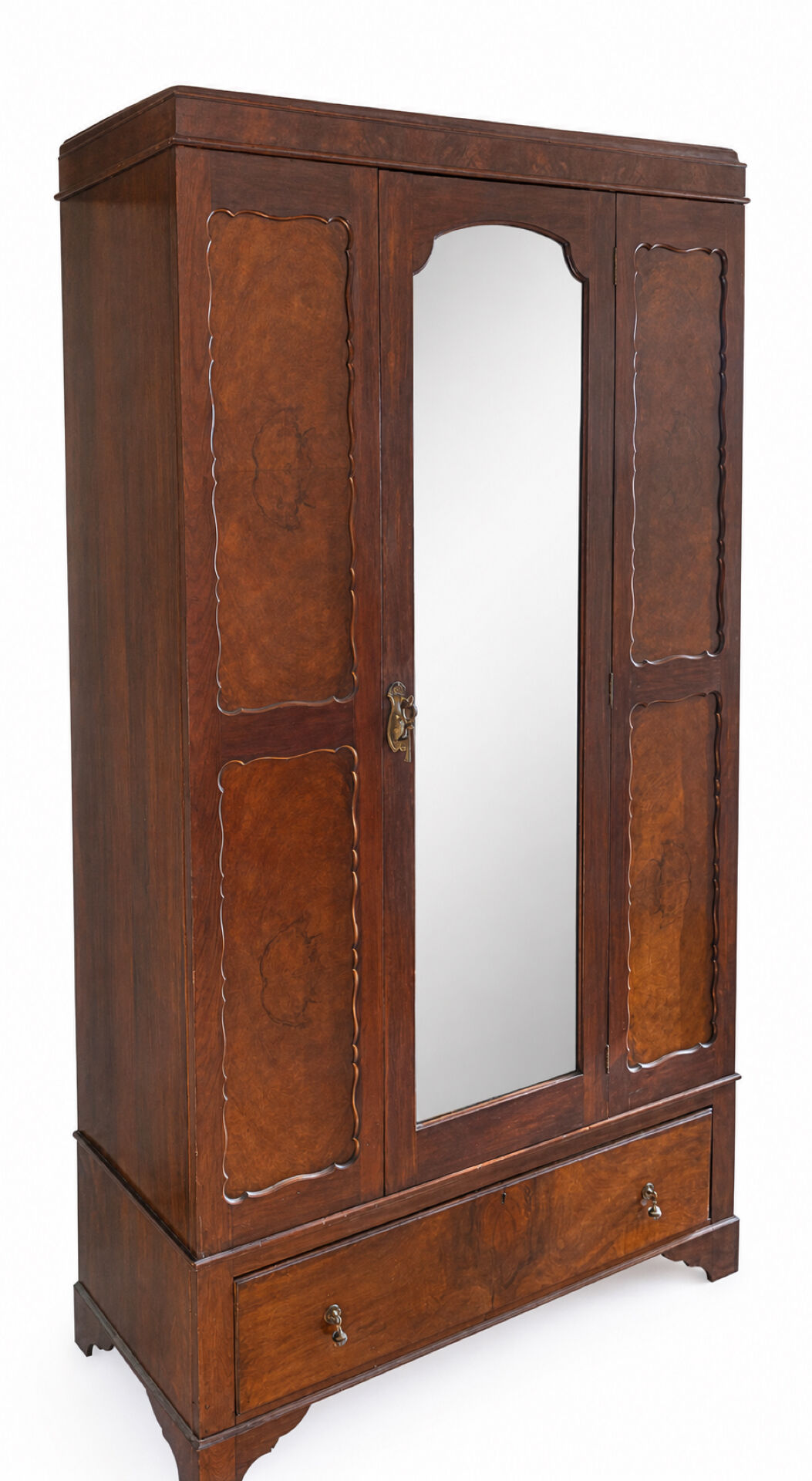 Antique walnut burl wardrobe with central mirror and large drawer.