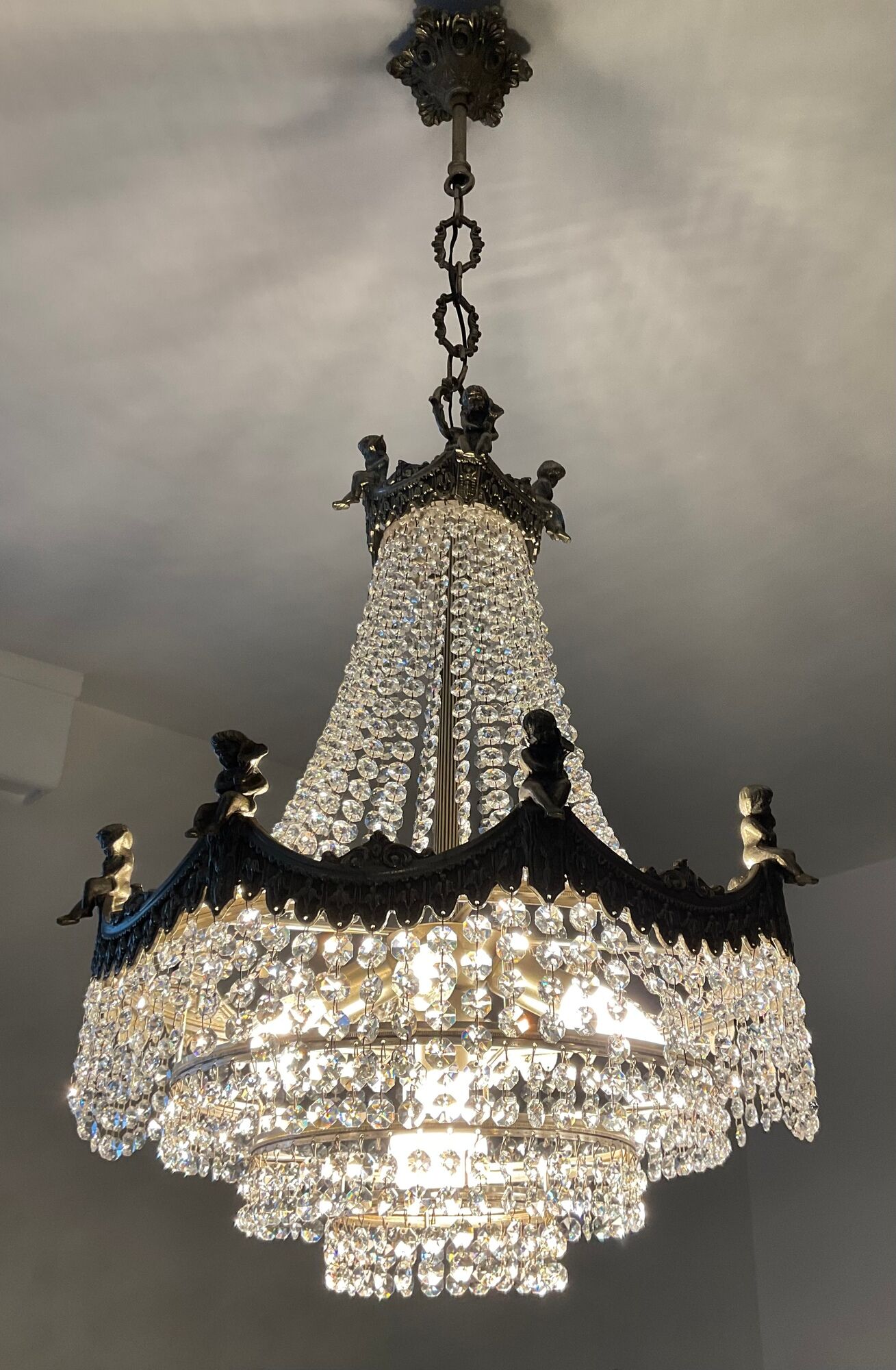 Old hot air balloon chandelier with crystal and bronze tassels