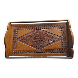 Antique carved wooden tray with openwork handles and edges