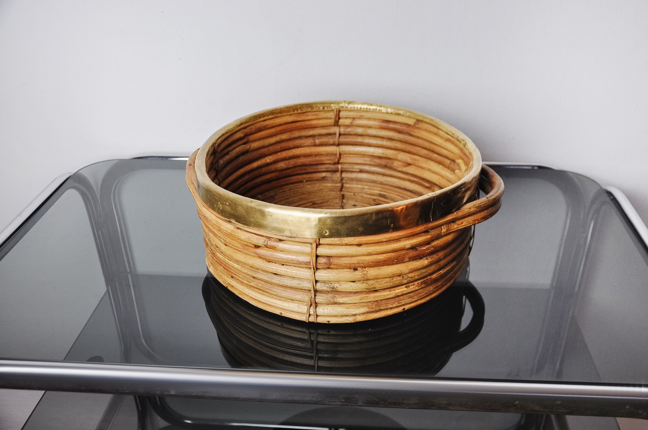 Rattan and brass basket, Italy, 1970