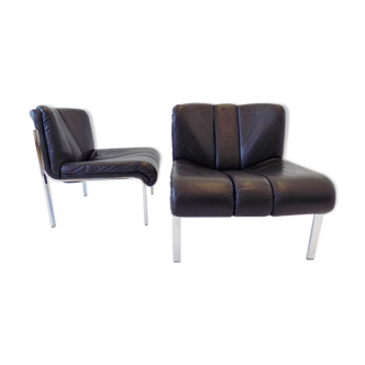 Girsberger Eurochair set of 2 black leather lounge chairs