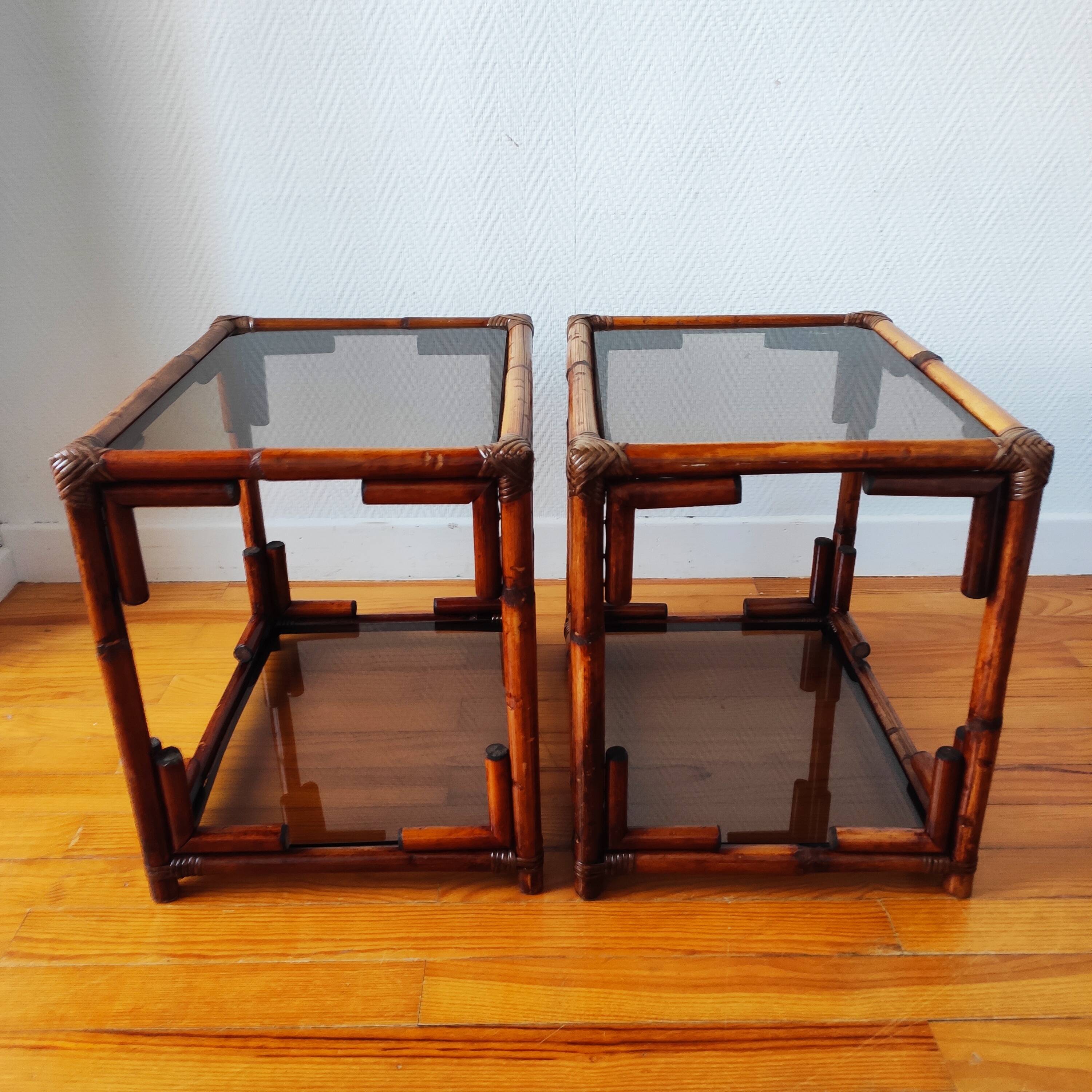 Pair of bedside tables - rattan smoked glass side tables vintage 70s-80s