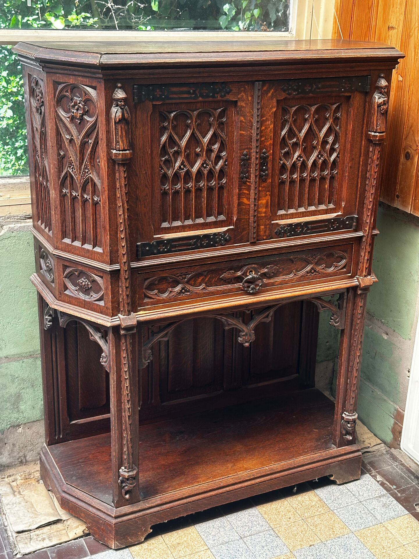 Gothic Buffet Cabinet in Carved Oak, 19th Century