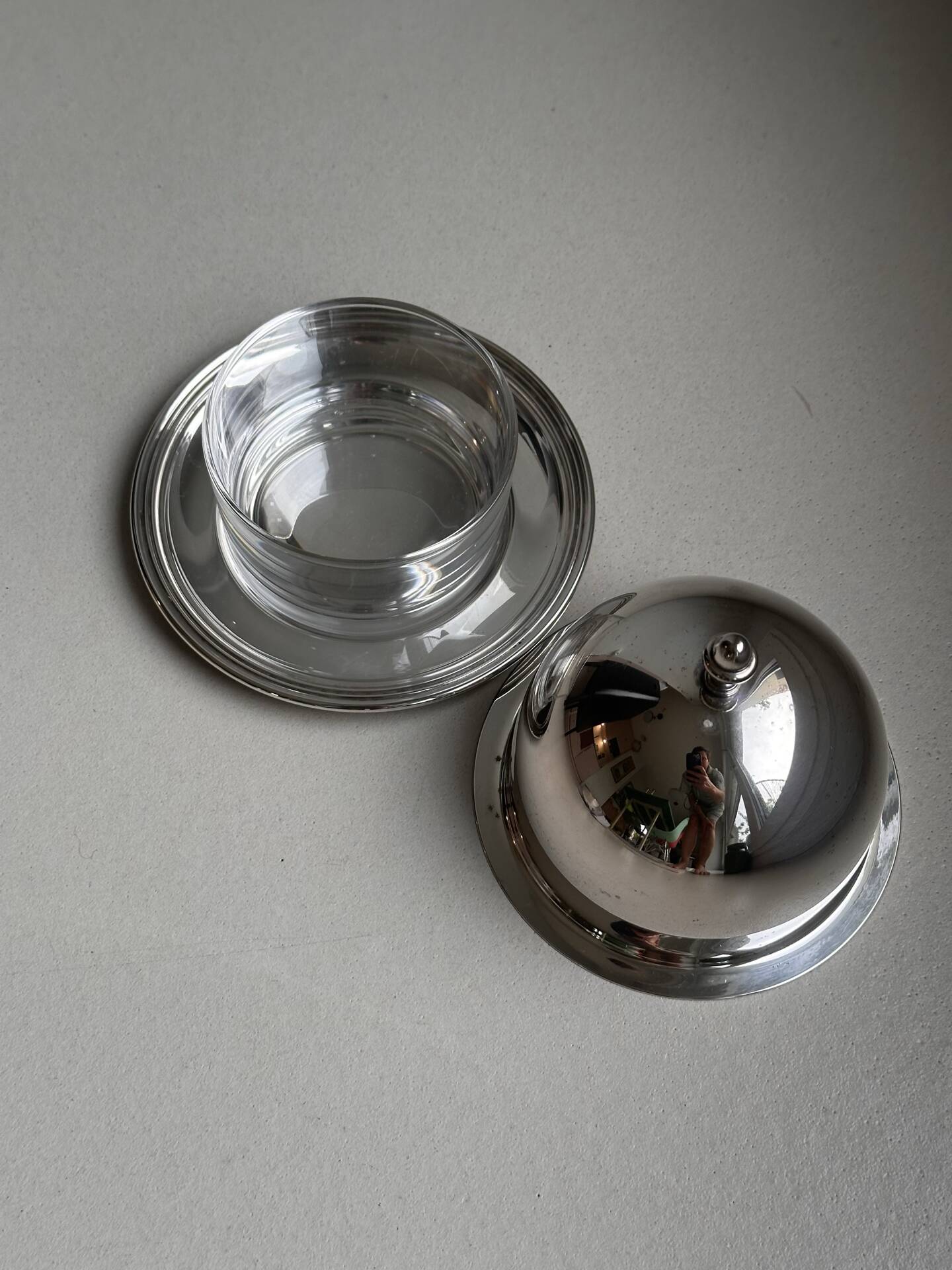Olry Italy silver-plated presentation bell with tray and glass.