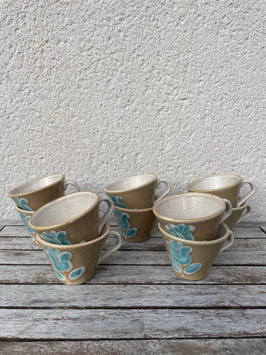 Stoneware coffee service from Pornic with turquoise flower print, 1970s-80s
