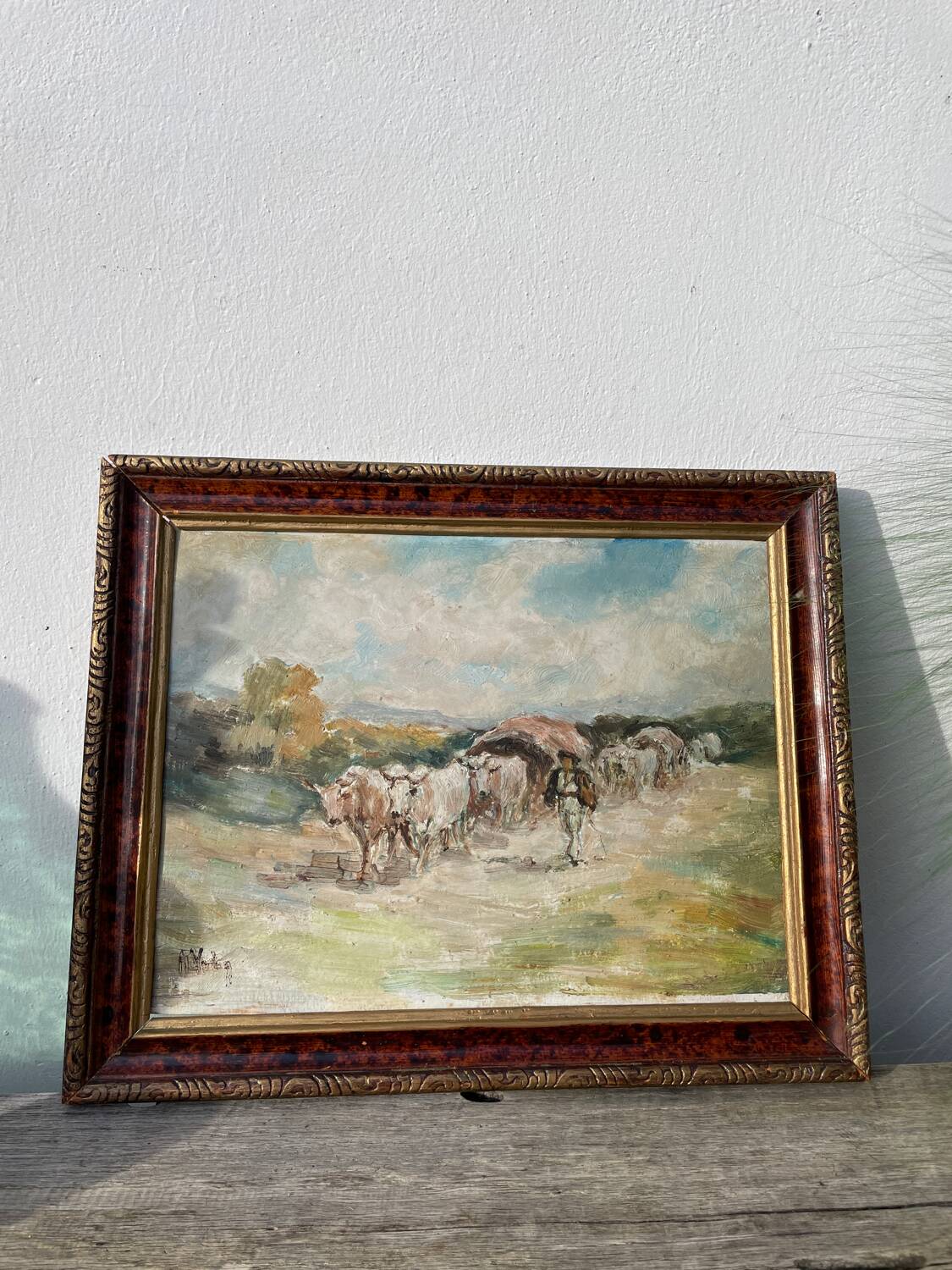 Painting of a Basque shepherd and his cows / antique oil painting