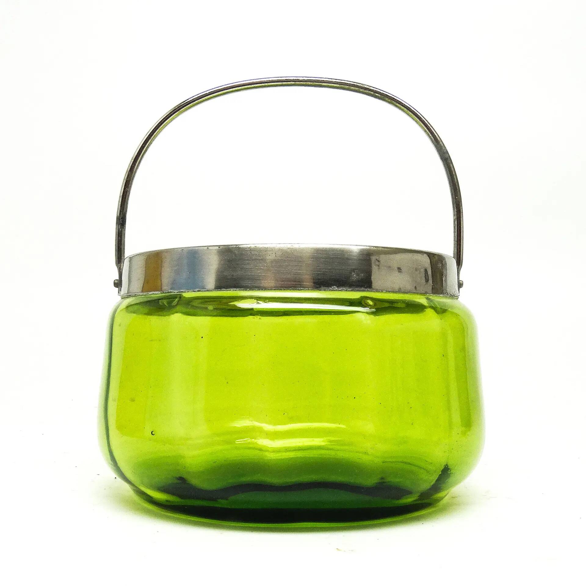 Sugar bowl, Art Nouveau, green glass, silver-plated brass, Sweden, early 20th century