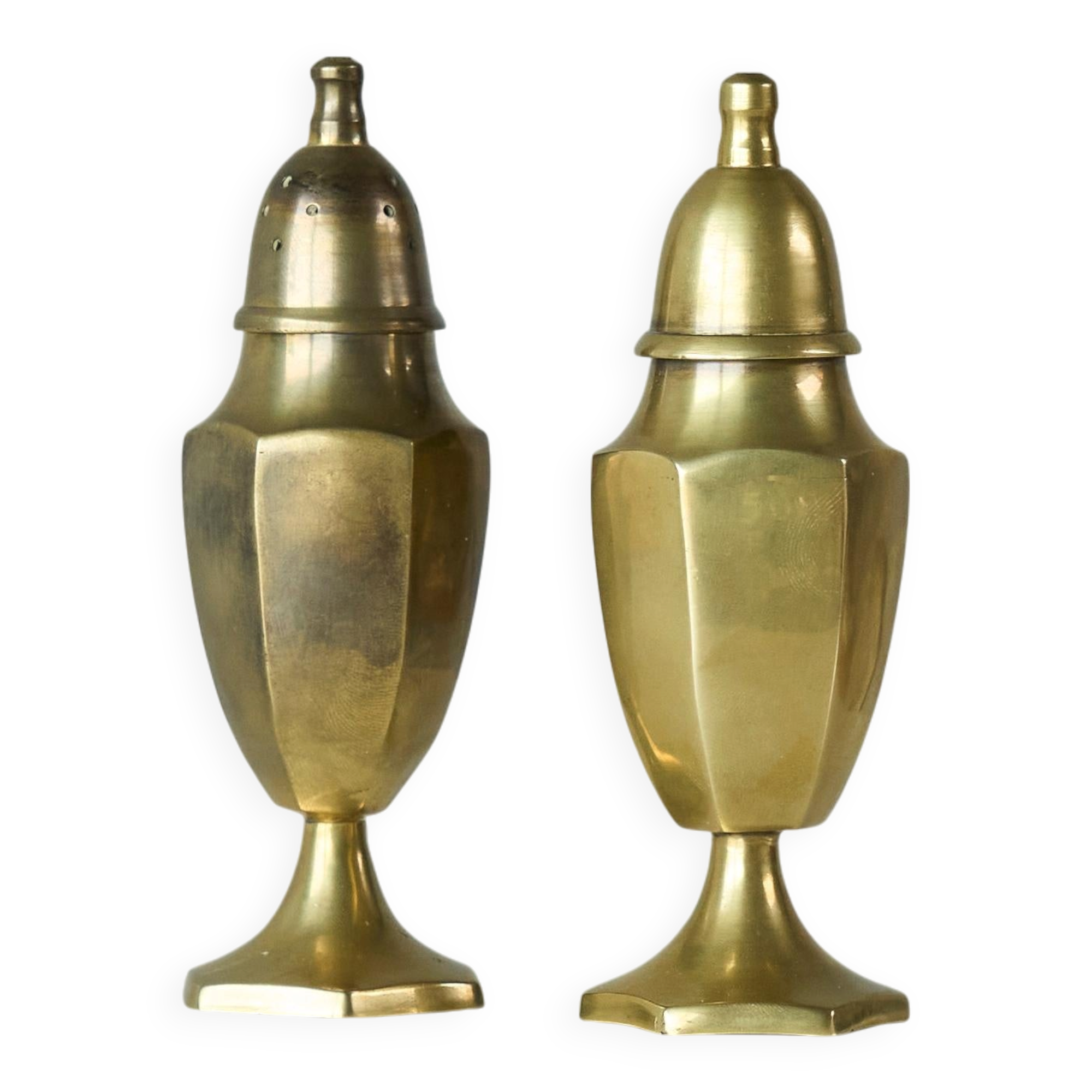 Pair of patinated brass salt and pepper shakers, 20th century.