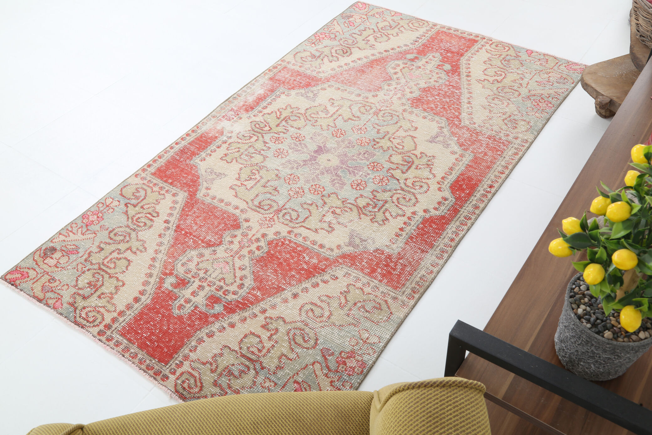 Red and beige wool turkish rug 198x112cm
