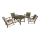 Ensemble de salon vintage avec table basse en marbre vert et quatre fauteuils.