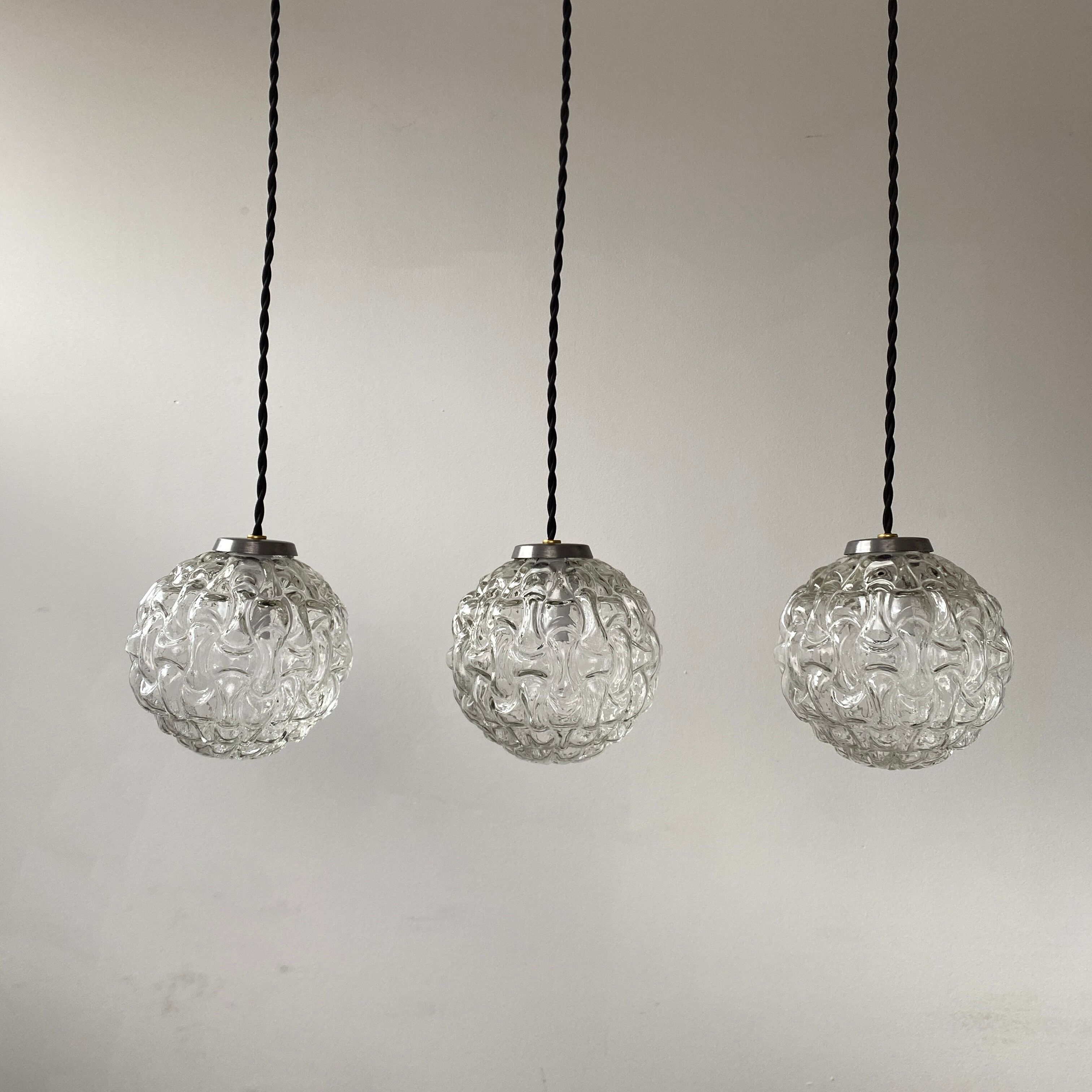 Set of 3 vintage glass pendant lamps
