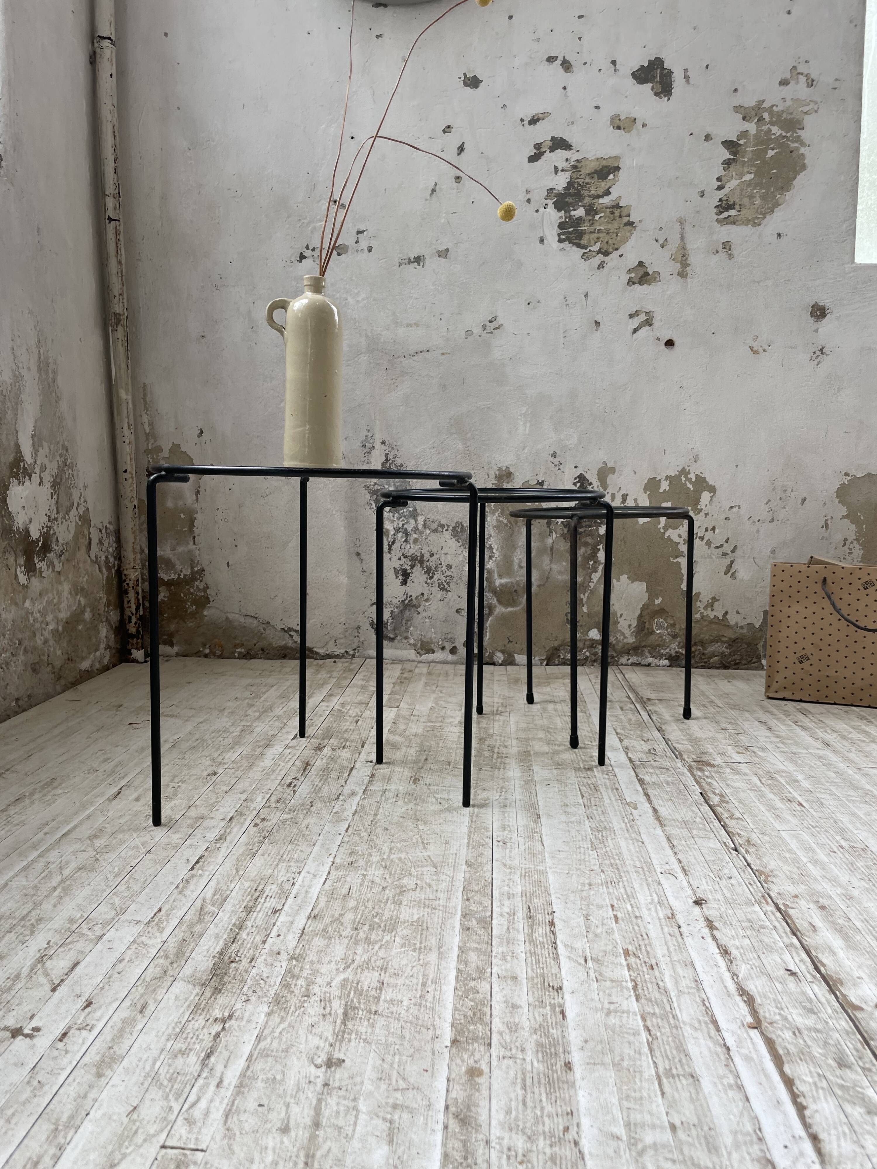 50s metal and glass nesting coffee tables