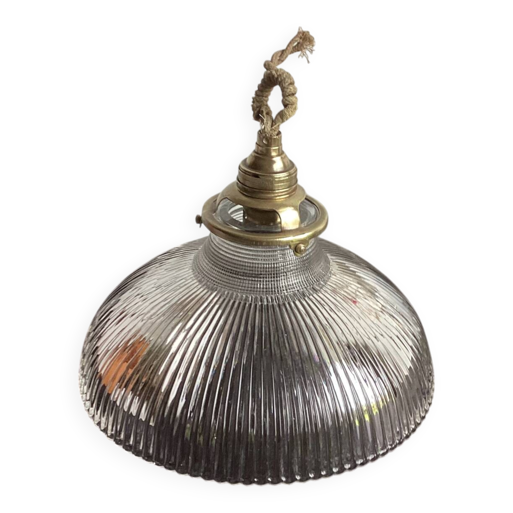 Vintage striped glass holophane pendant light