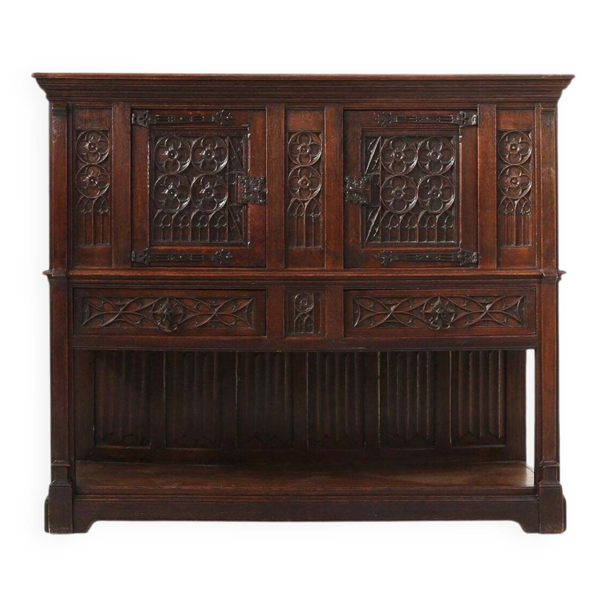 Neo-Gothic Cabinet in Oak with Rich Decorations and Hidden Storage, France