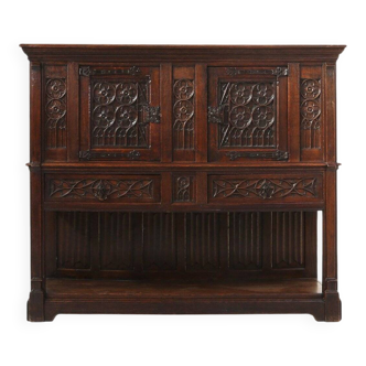 Neo-Gothic Cabinet in Oak with Rich Decorations and Hidden Storage, France