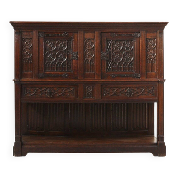 Neo-Gothic Cabinet in Oak with Rich Decorations and Hidden Storage, France