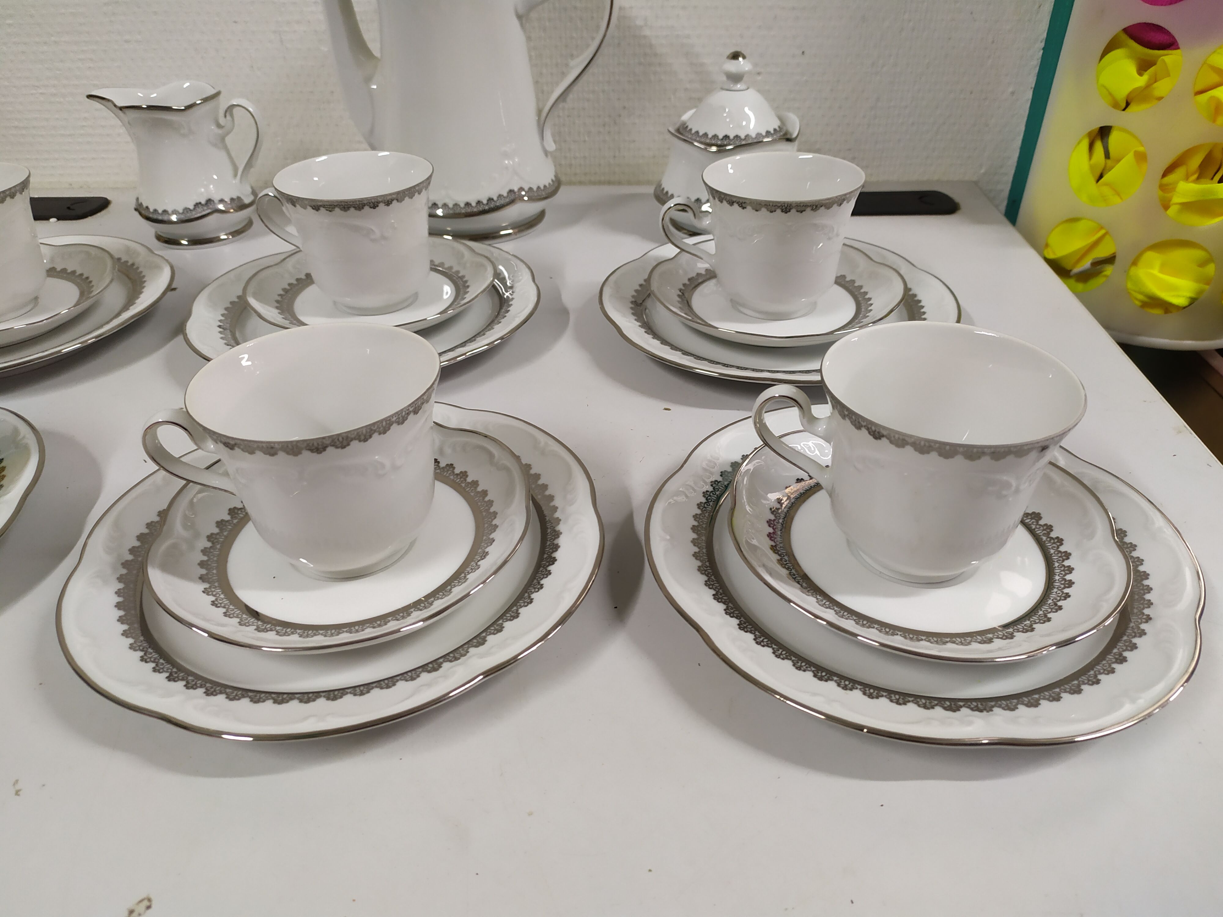 Coffee service for 6 people bavaria white and silver cup plate coffee maker milk pot sugar