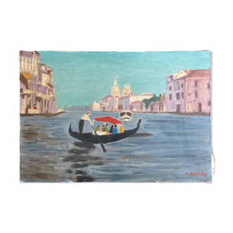 Tableau peinture ancienne Venise gondole signé Ratier XXe