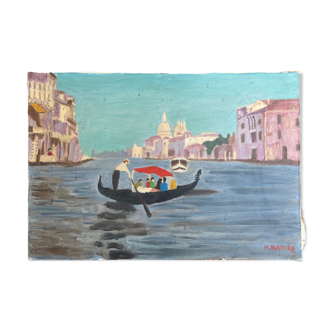 Painting old Venice gondola signed Ratier XXth