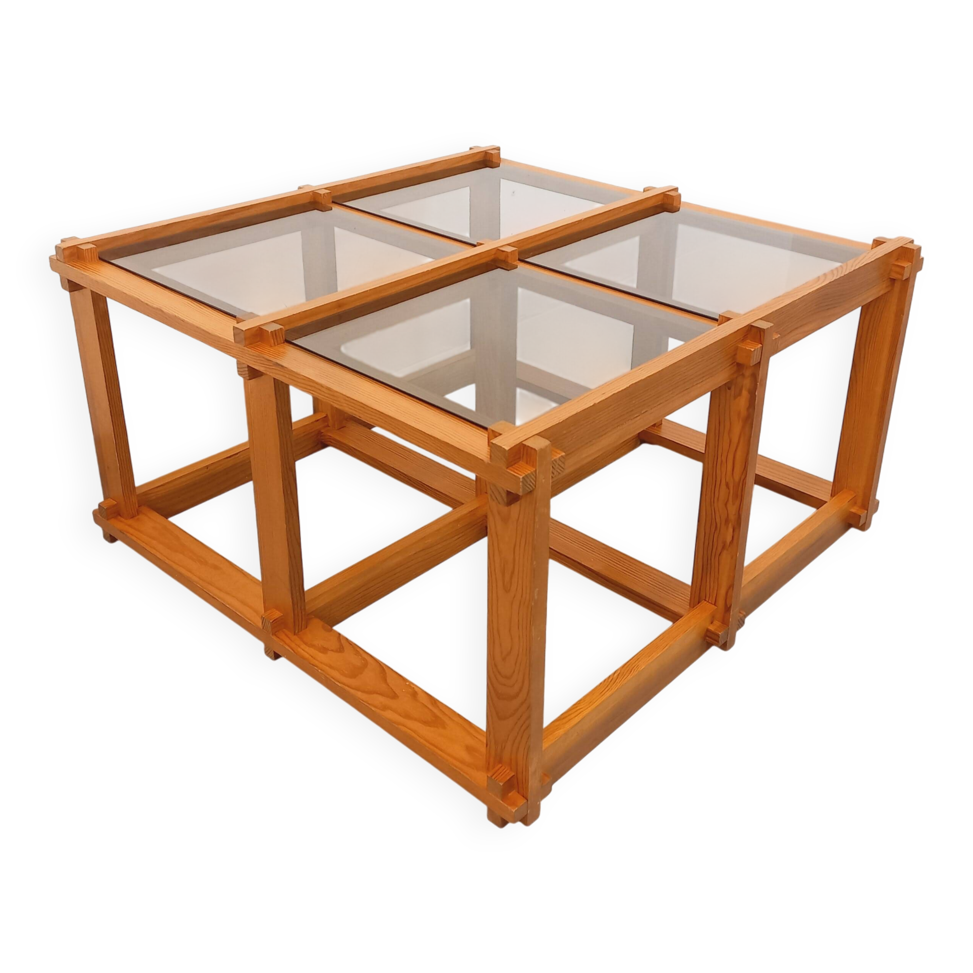 Vintage square coffee table in pine and smoked glass from the 70s and 80s.