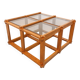 Vintage square coffee table in pine and smoked glass from the 70s and 80s.