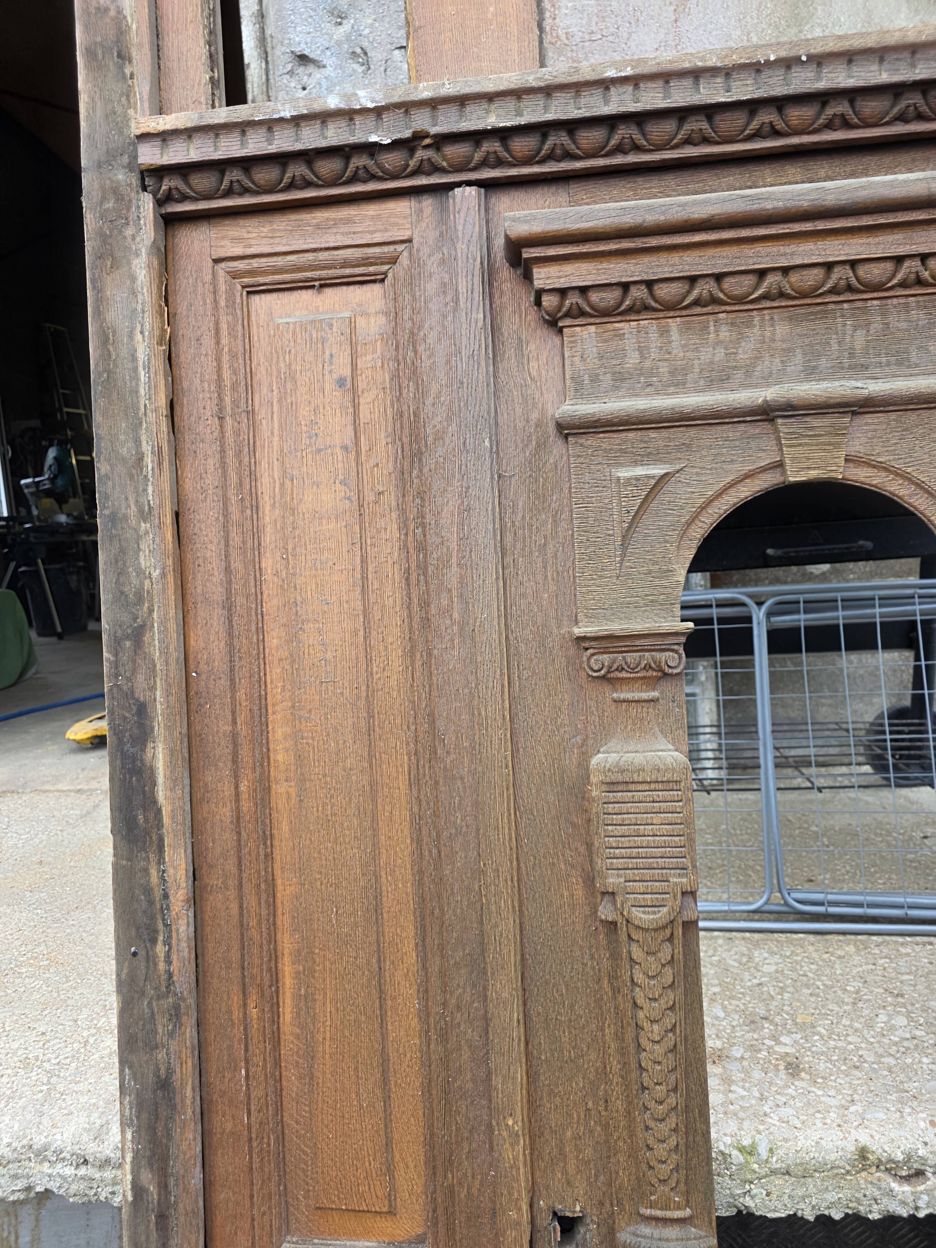 19th-century solid oak entrance door with three openings, including frame.