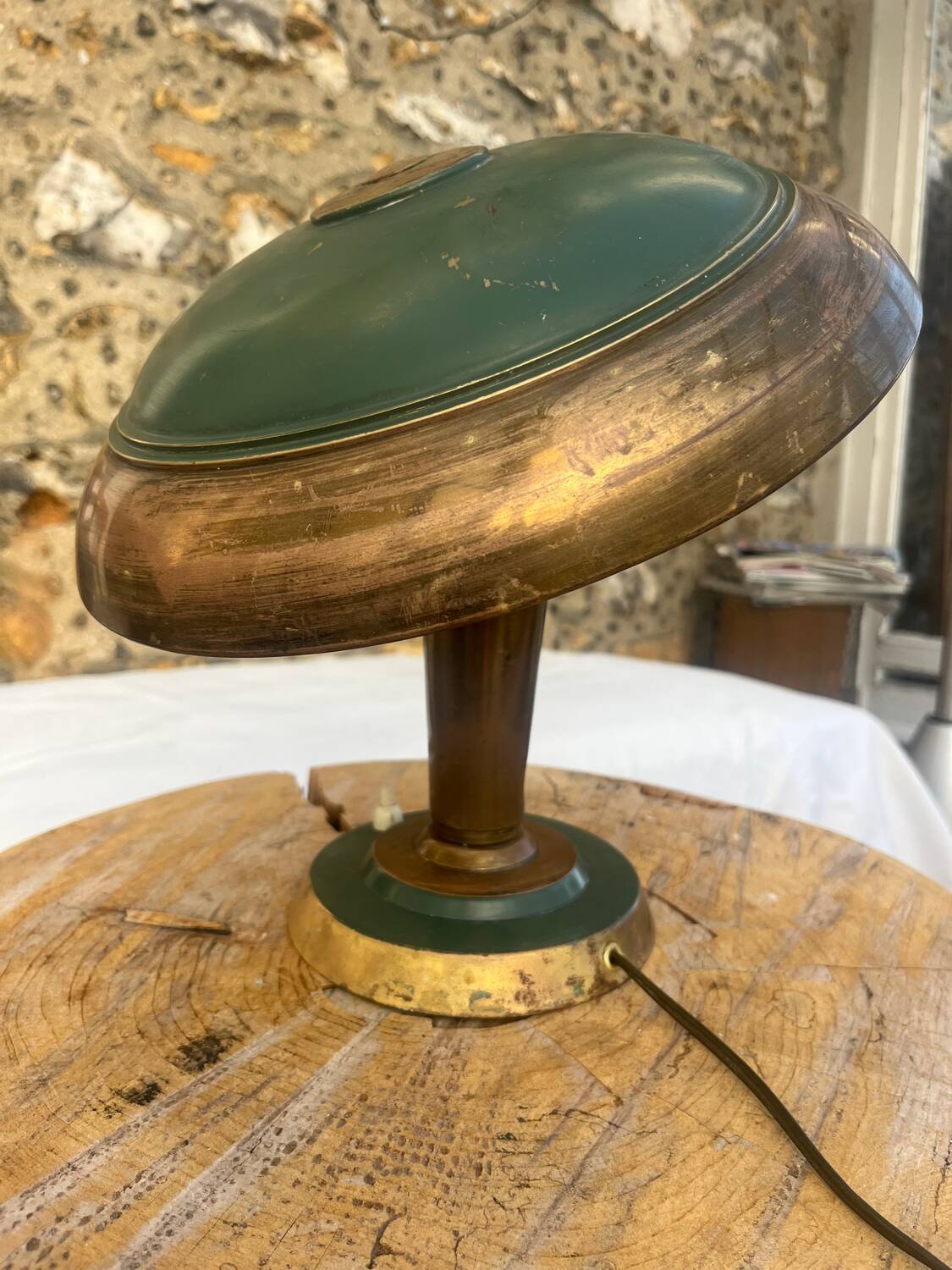 Vintage brass & green metal lamp - mushroom / Art Deco
