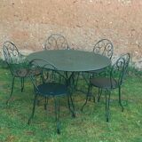 Salon de jardin 1 table 2 fauteuils 3 chaises fer forgé vert wagon