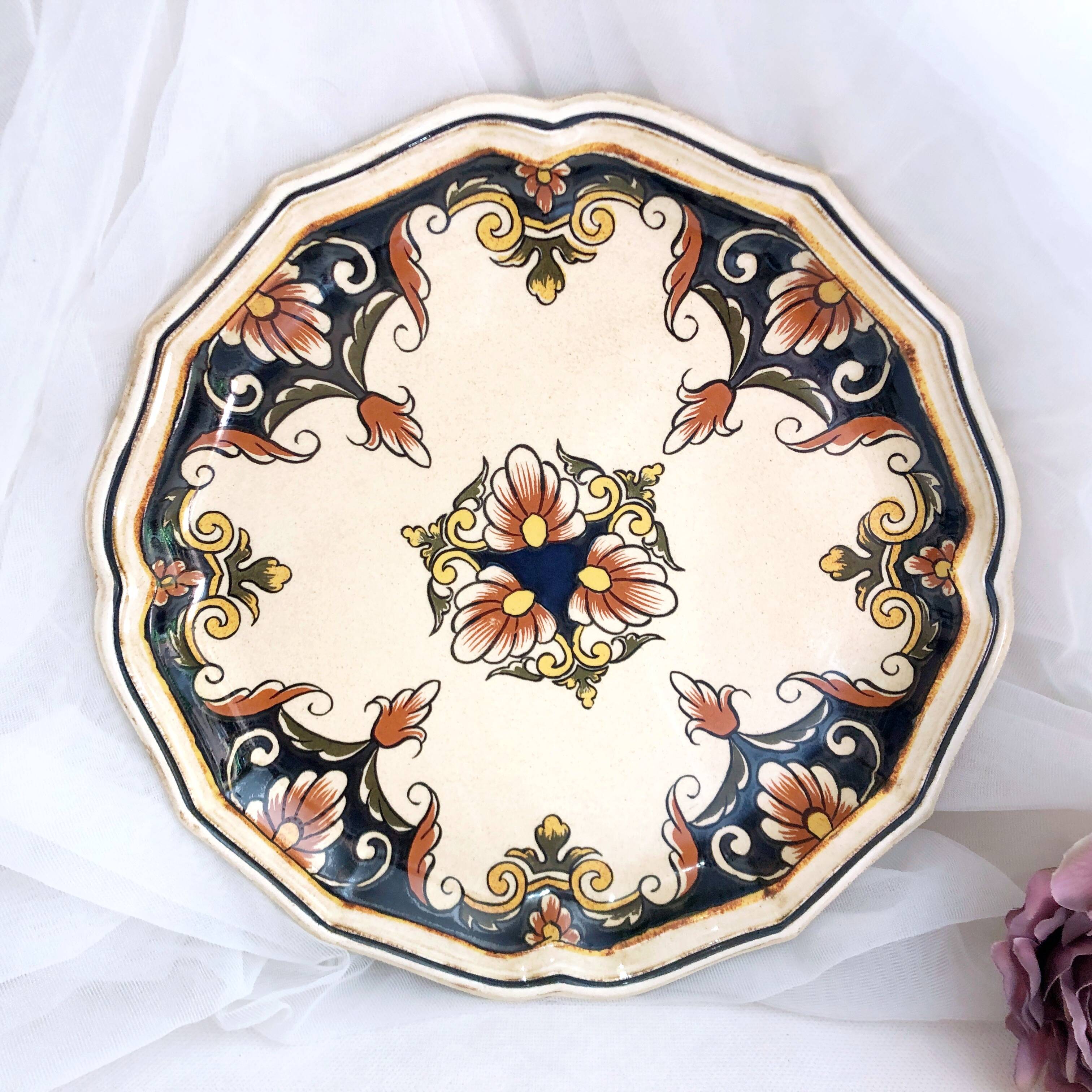 Decorative earthenware plate from Salins France, Buchy decor 25.5 cm