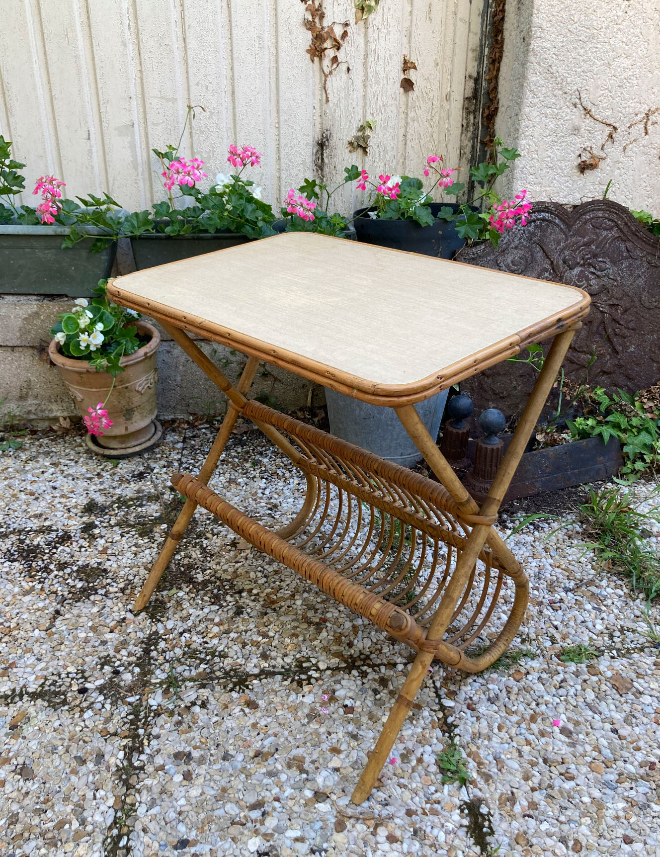 Vintage rattan magazine holder table