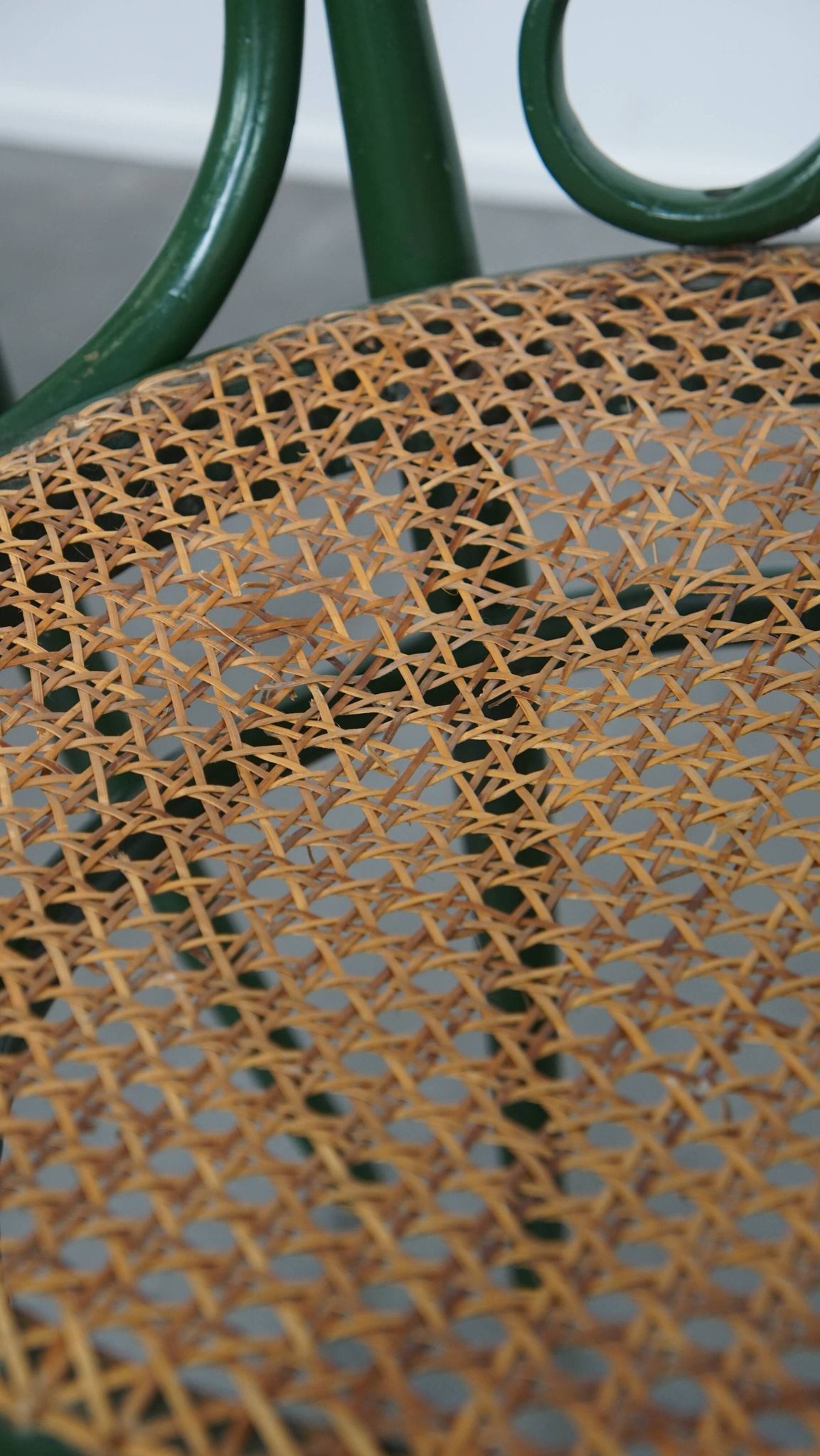Set of 4 Green Vintage Bistro Chairs with Woven Rattan Seats