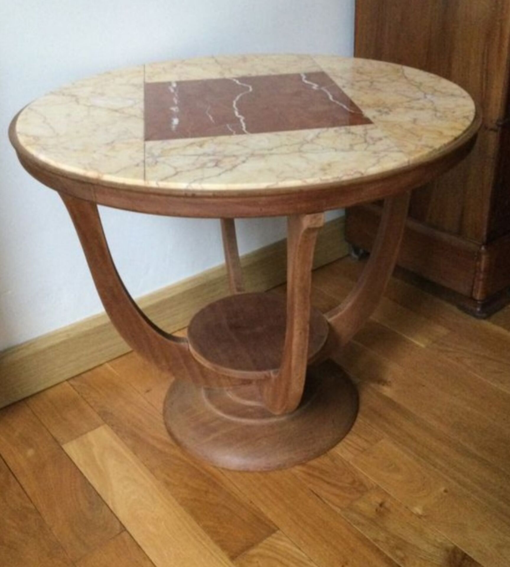 Guéridon, table d’appoint Art déco en marqueterie de marbre et bois