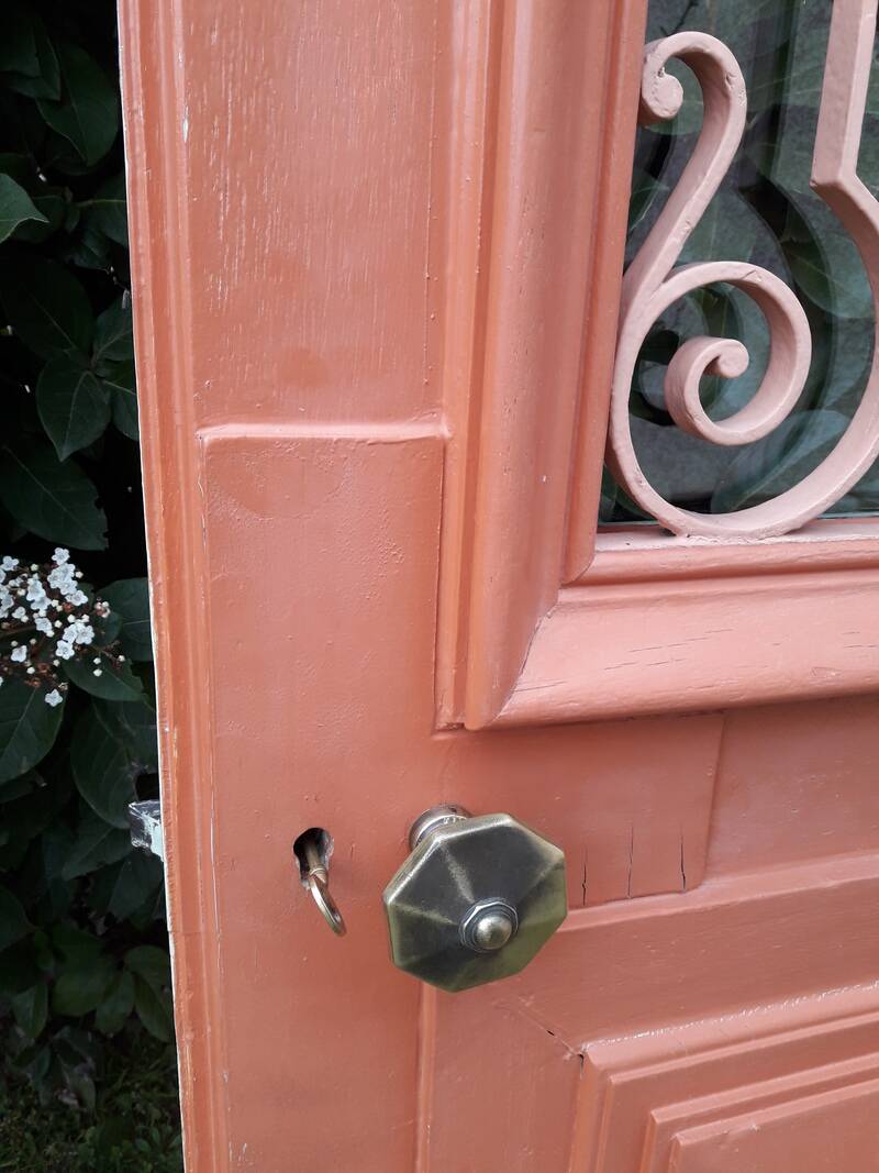 Entrance door 264x99cm old walnut oak wrought iron grille glass panel