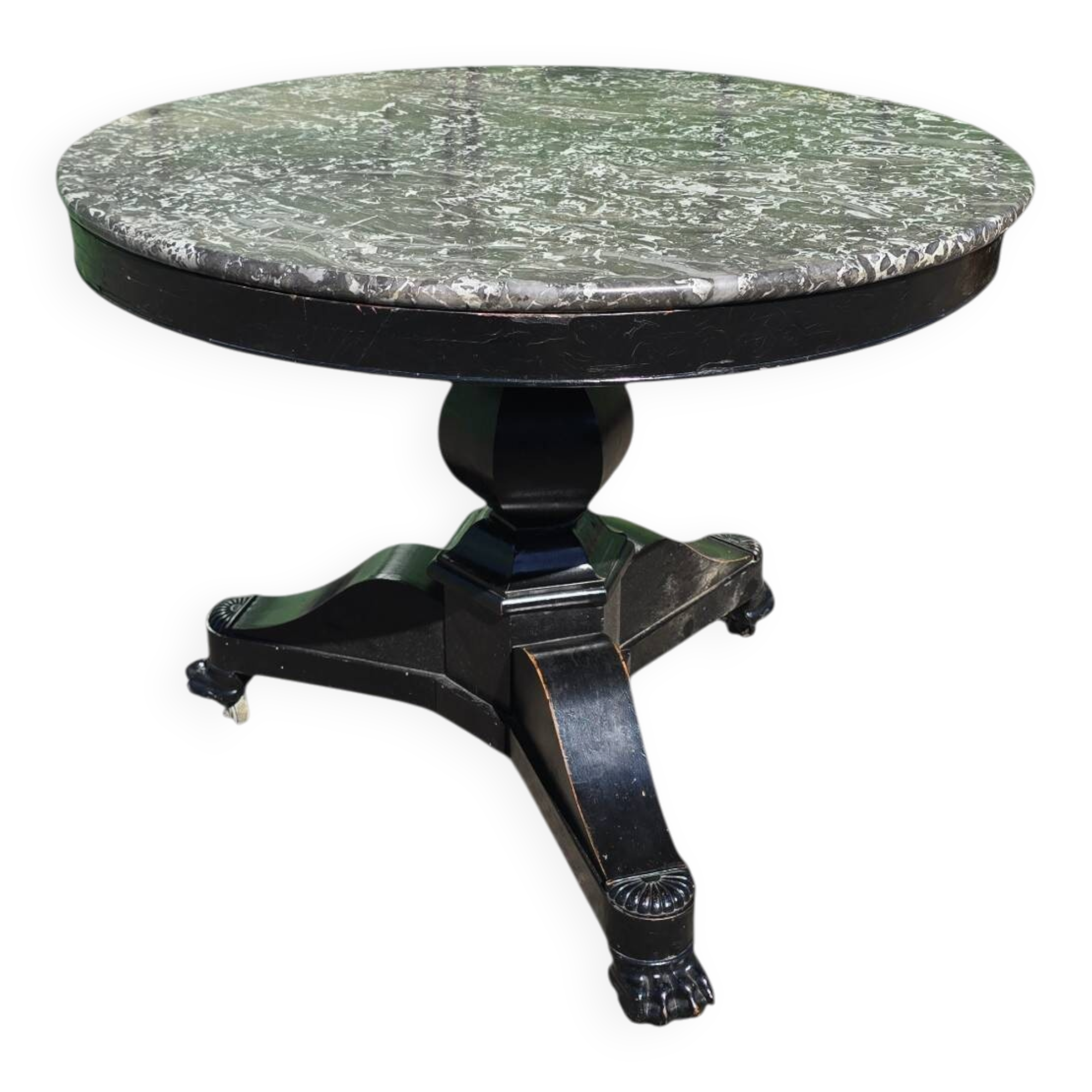 Empire dining table in blackened wood and grey marble, 19th century.