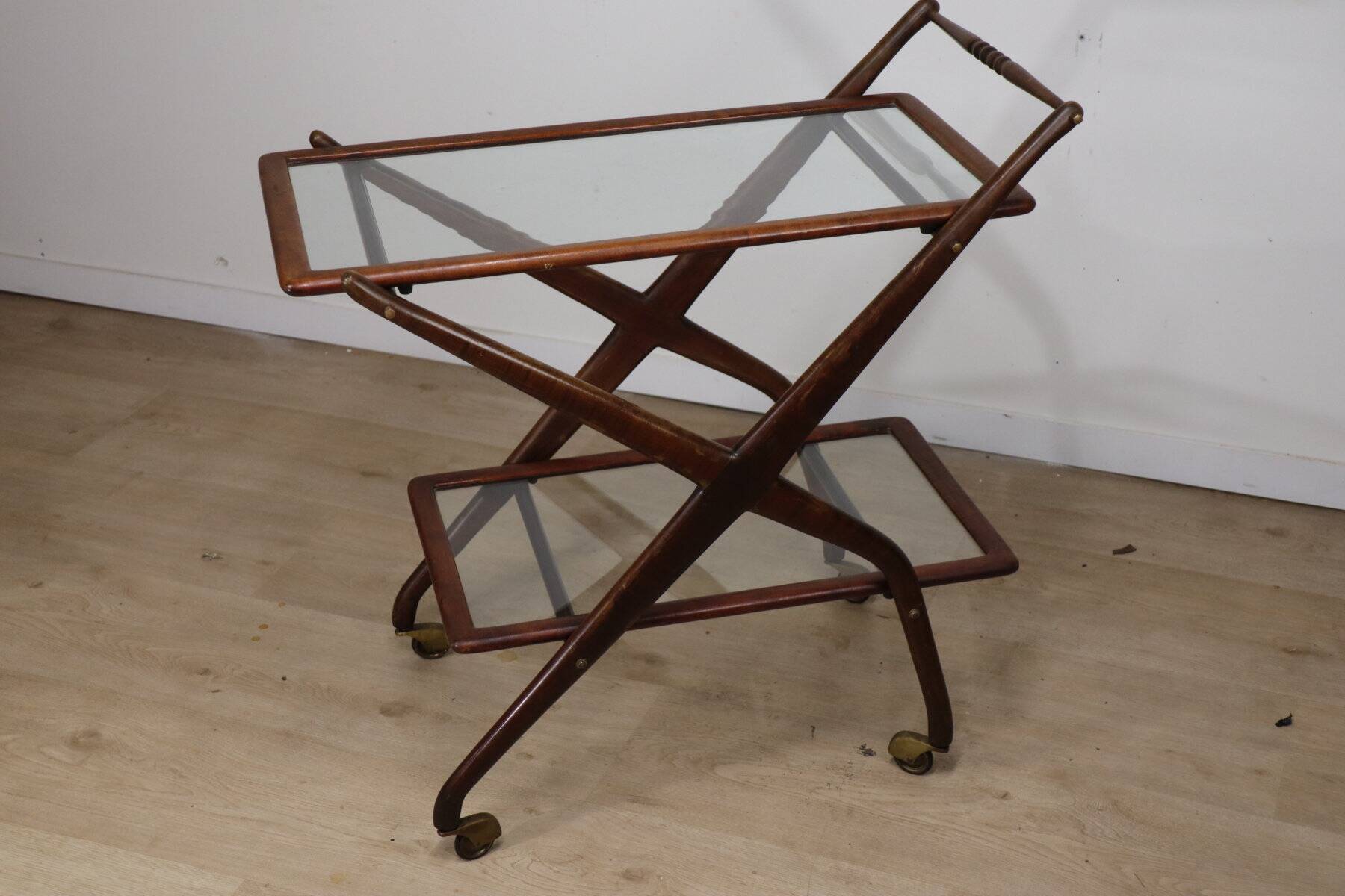 Vintage wooden and glass rolling trolley, 1960