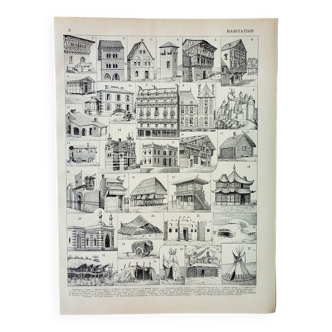 Gravure ancienne de 1898 • Habitation ancienne 2, architecture • Affiche originale et vintage