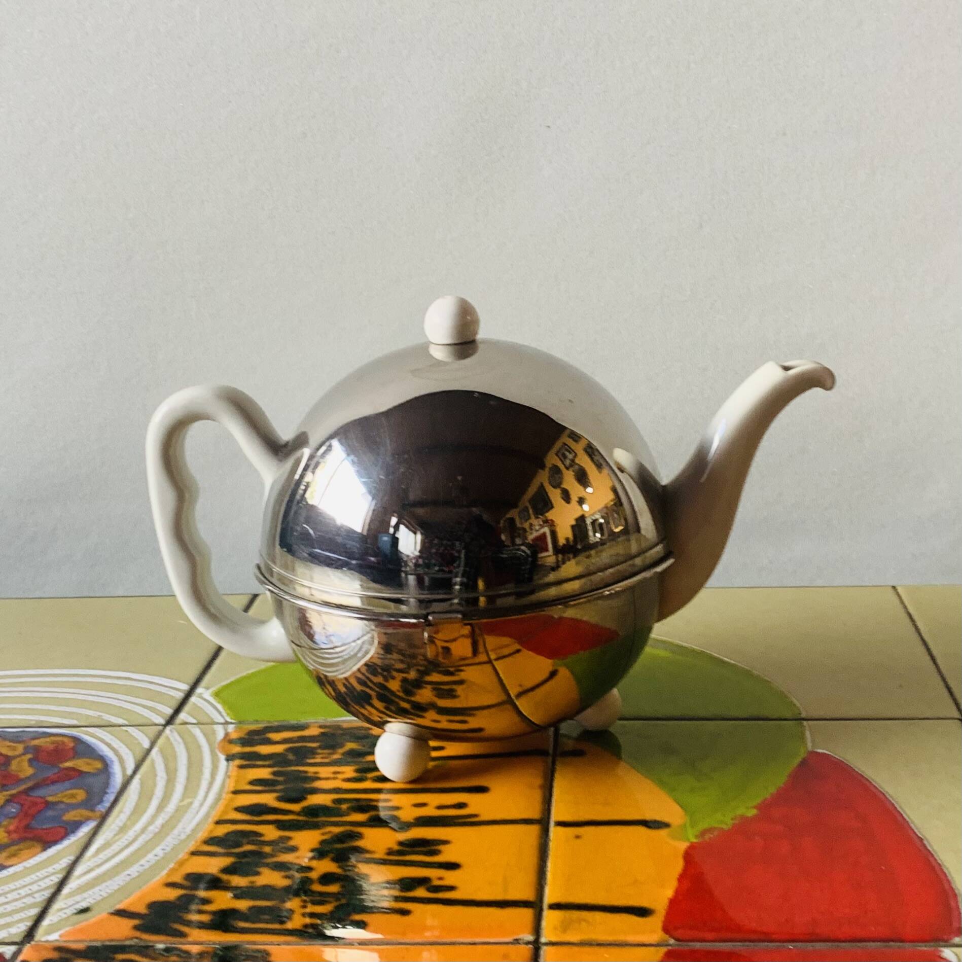Old insulating teapot in ceramic and chrome metal - Dovo Tiel