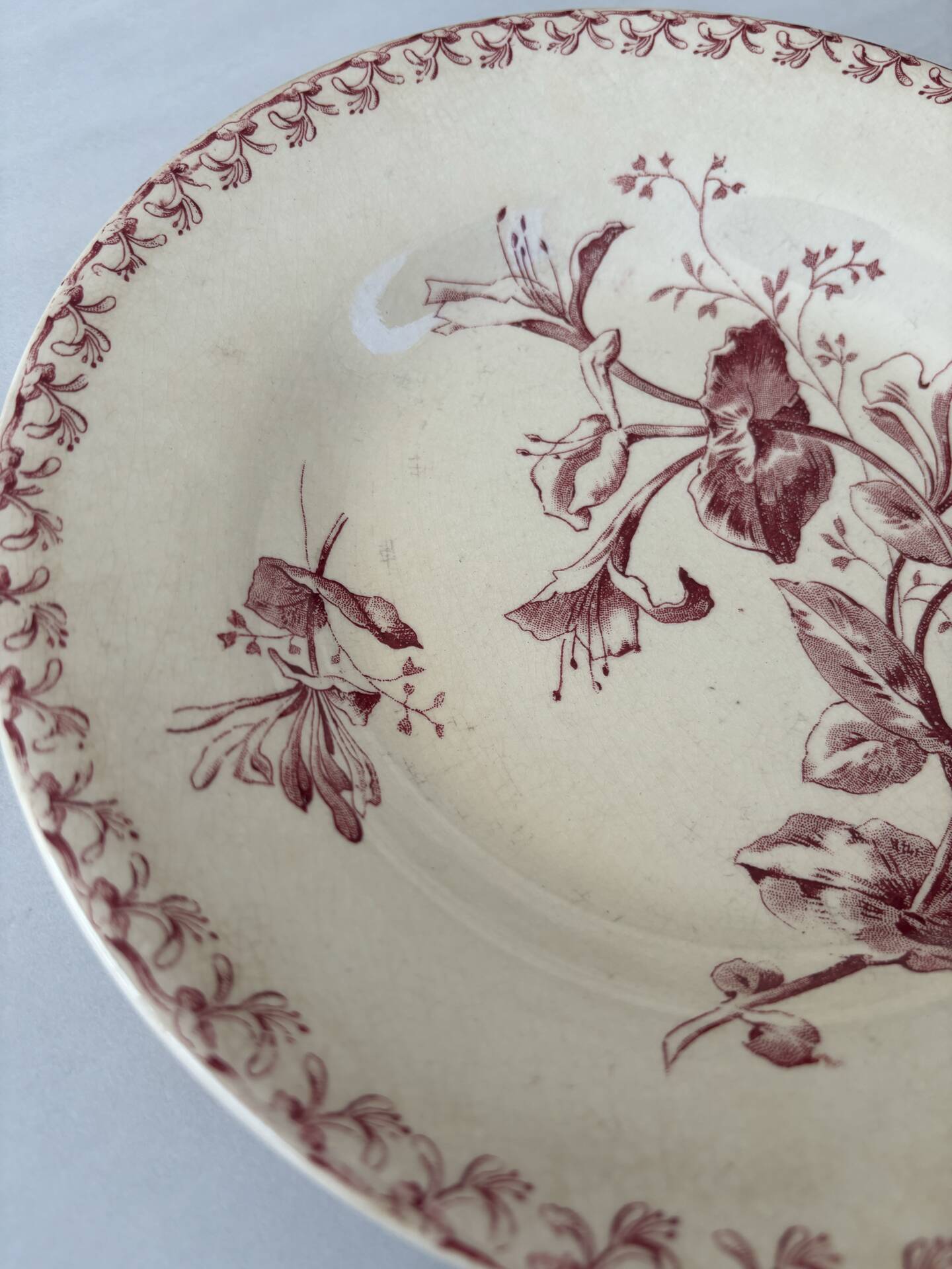 Hollow plate red ironstone honeysuckle pattern from Gien pottery