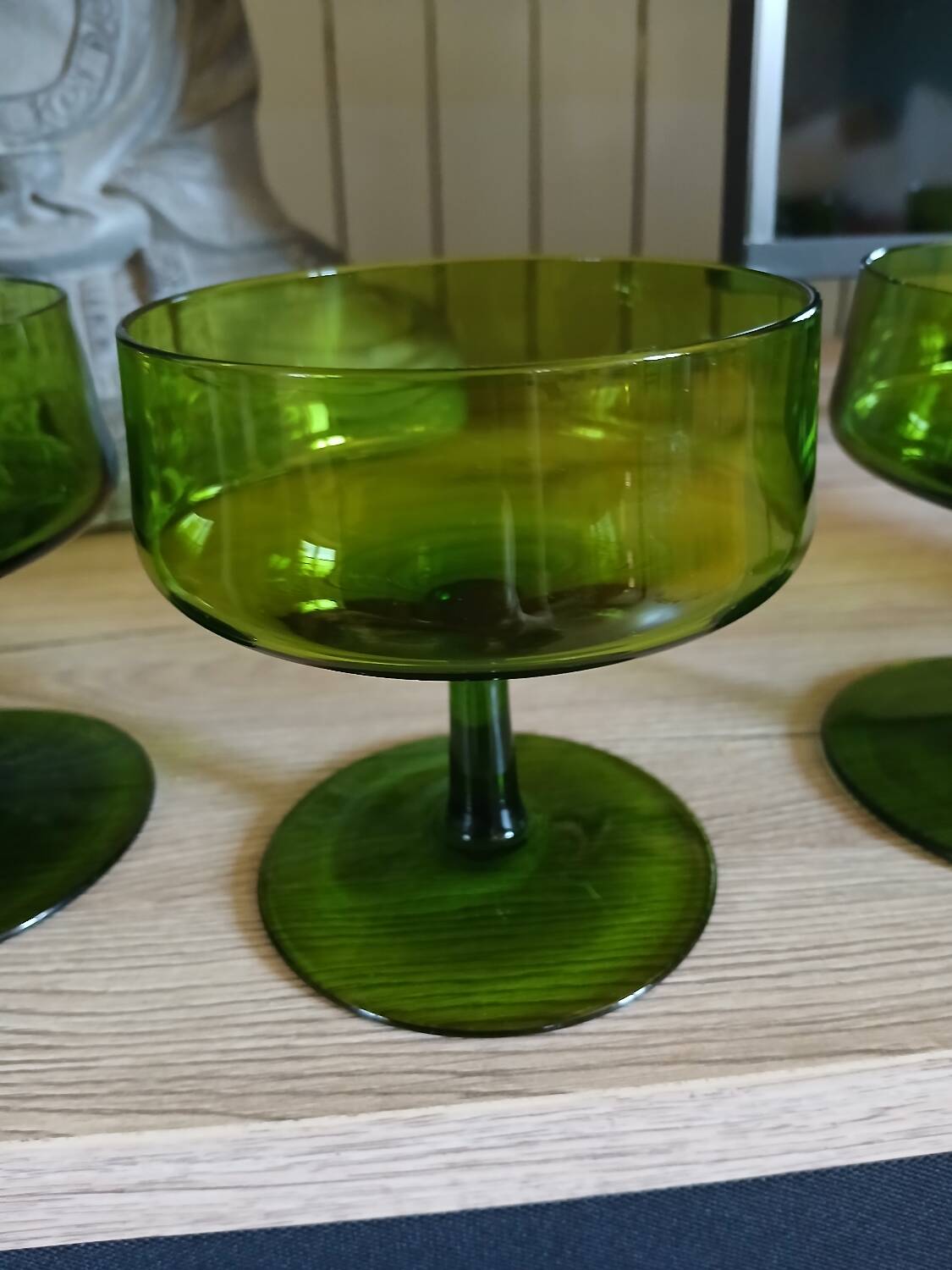 5 antique green champagne coupes
