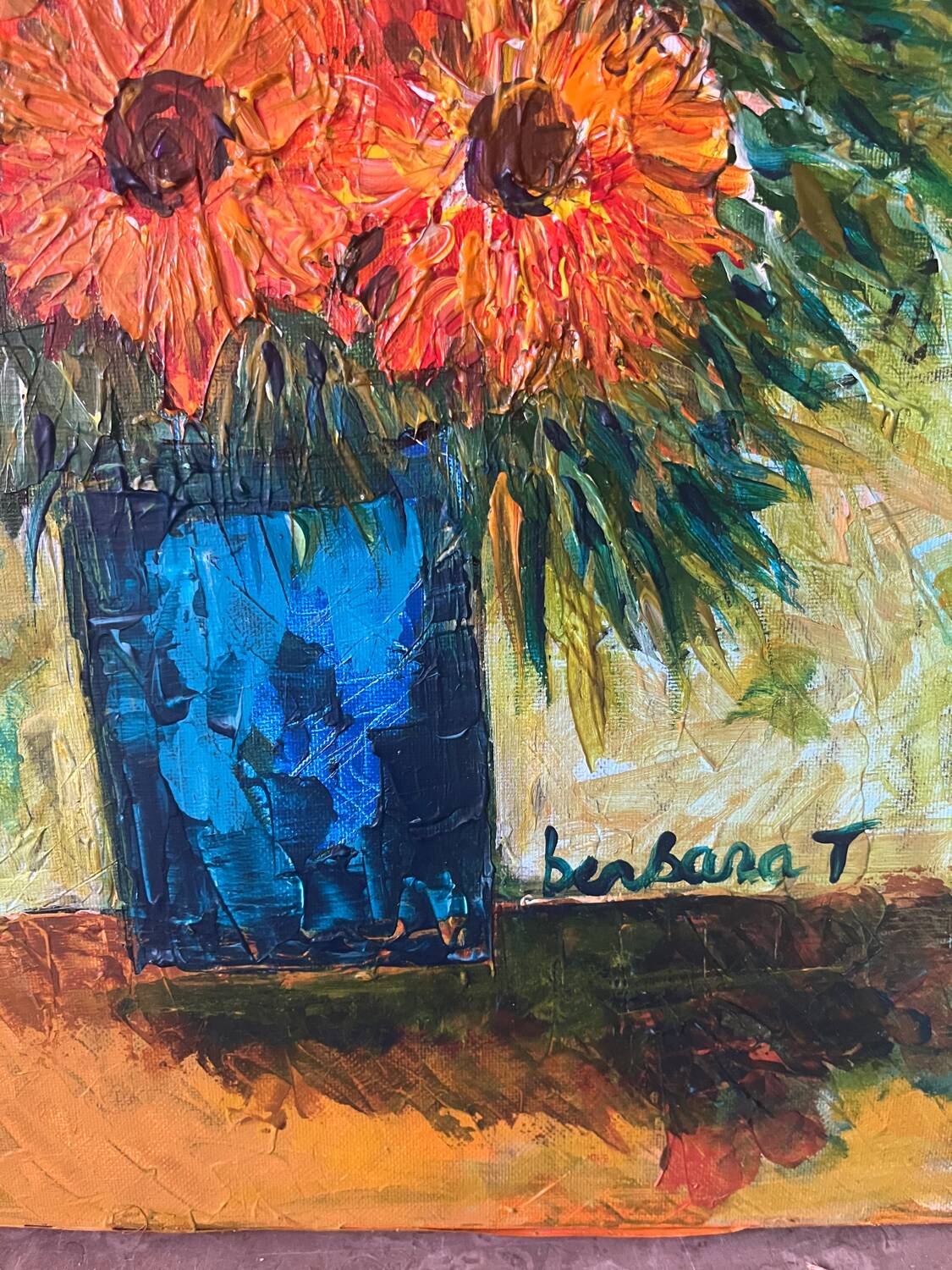 Sunflowers in a blue vase, knife technique, signed