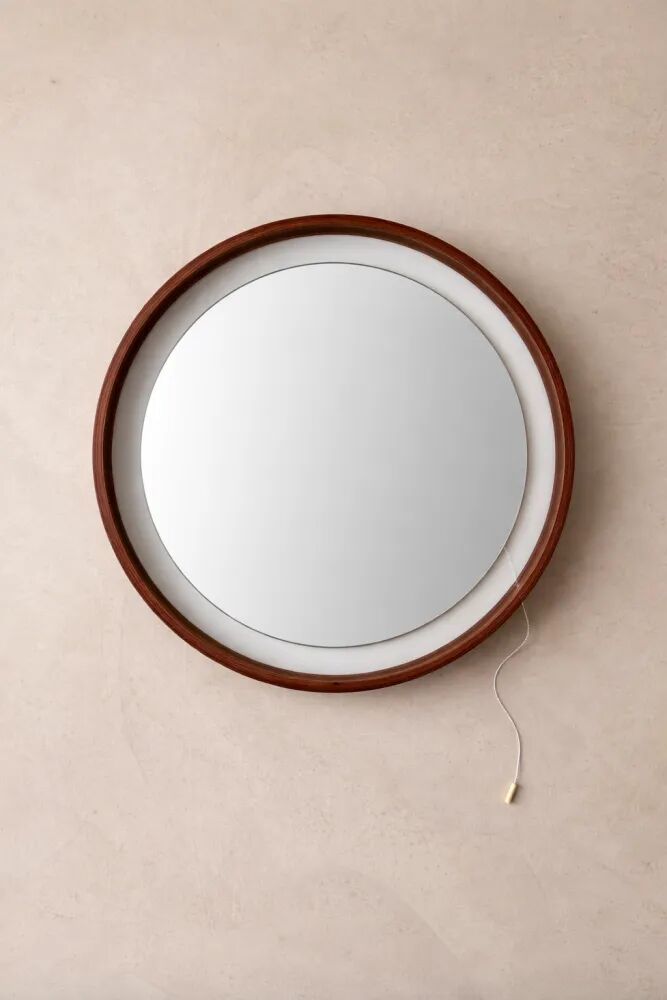 Rare Round Illuminated Teak Mirror from the 1960s