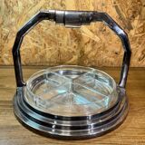 Old serving tray, art deco, beggar, silver metal, cut crystal