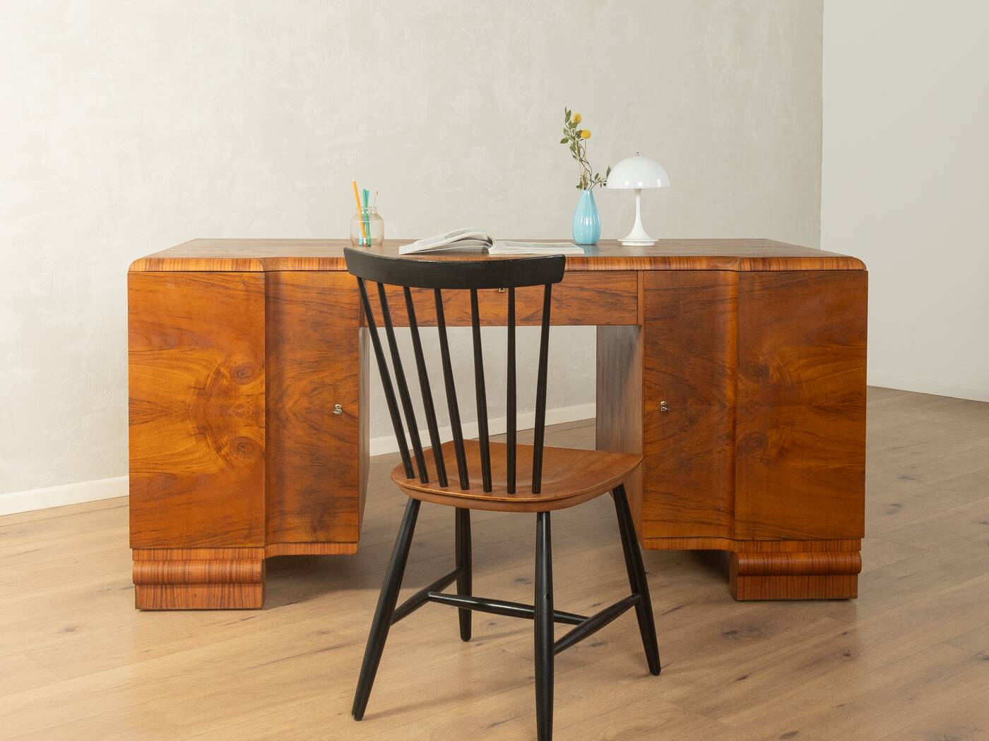Double pedestal desk, Art Deco, 1930s, walnut veneer