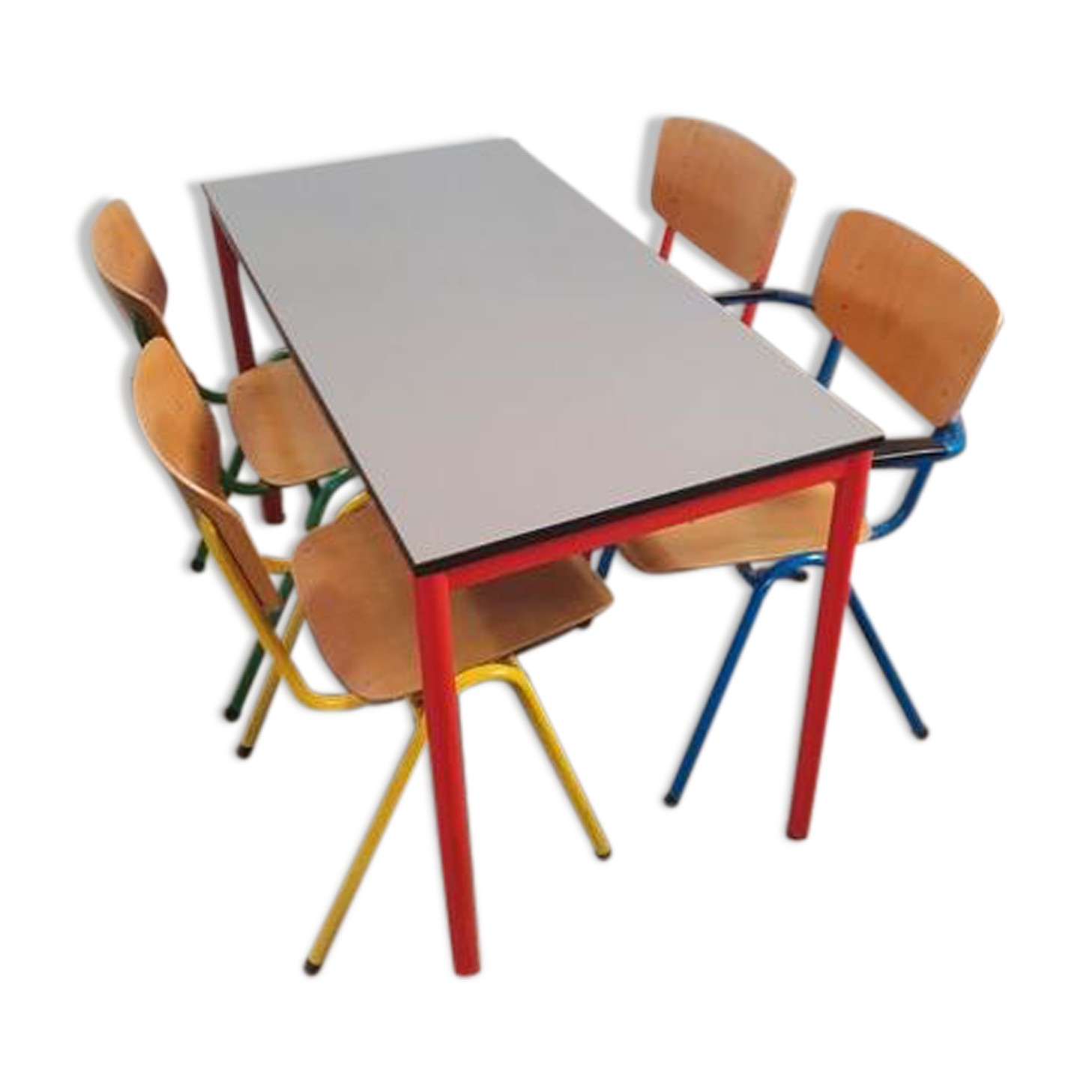 Multicolored dining table and chairs 80s