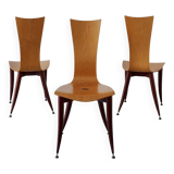 3 plywood burgundy legs chairs | Italy | 1980s