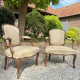 Pair of louis xv style natural wood armchairs xix eme century