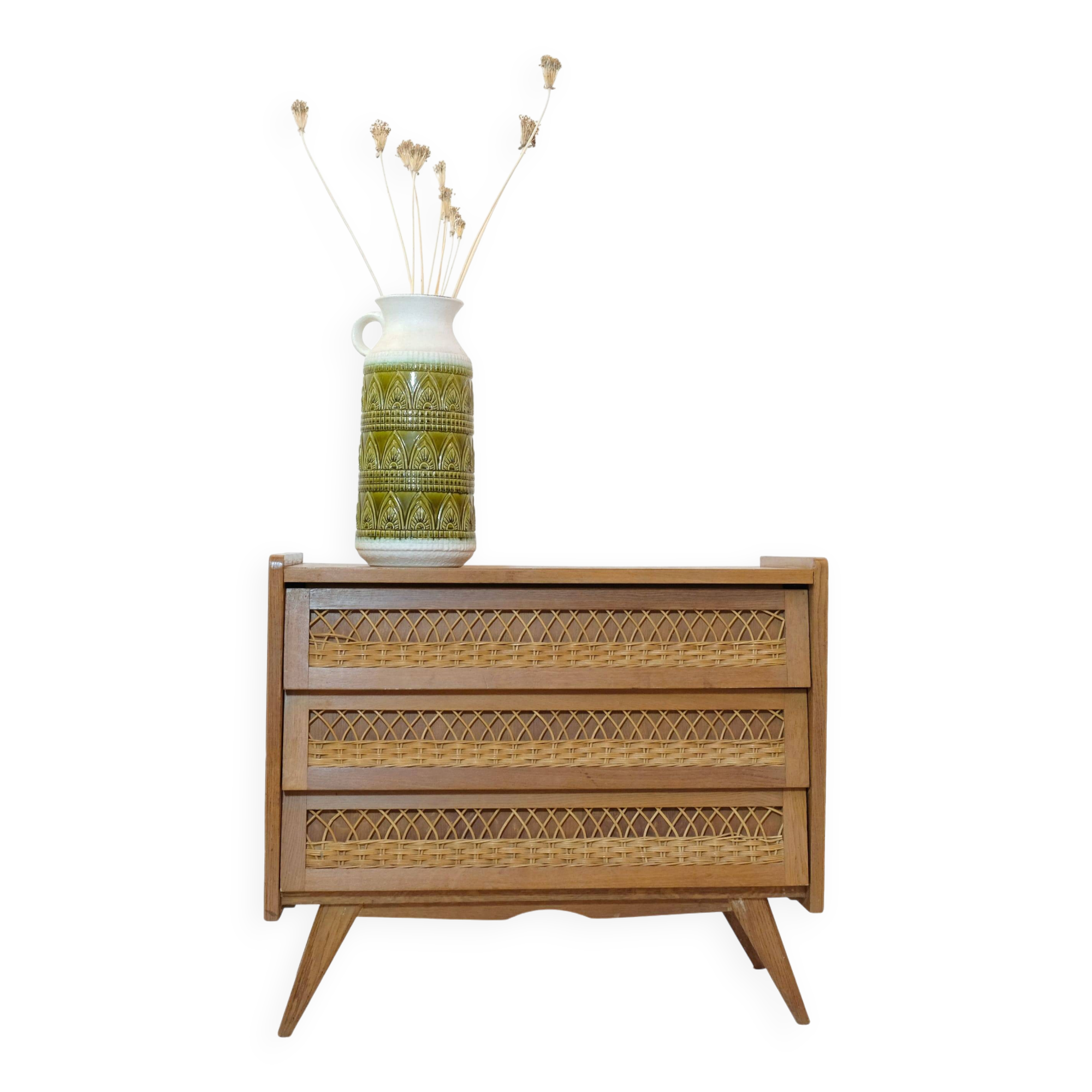Wooden and rattan chest of drawers from the 60s.